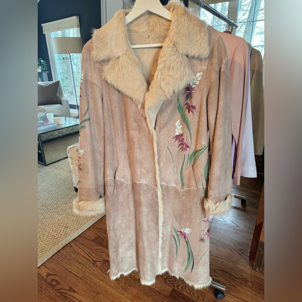 Fur Coat. Light pink suede with hand painted flowers. Tan fur inside. Stunning